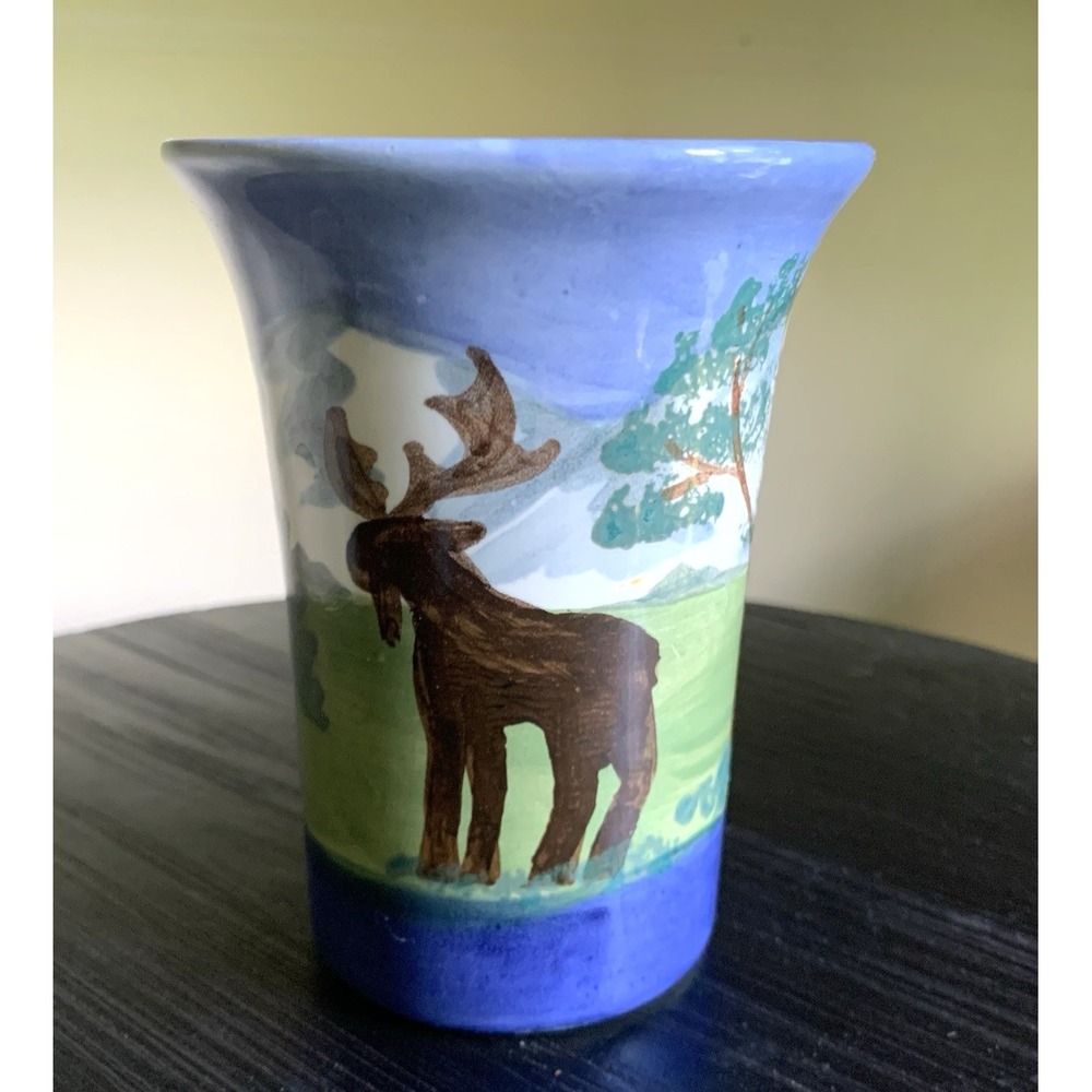Shard Pottery Mug "Moose" Dover Foxcroft Maine Hand Painted 4.75" Tall